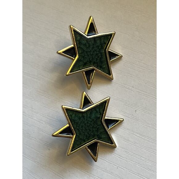 Vintage Yves Saint Laurent Gold YSL Green Enamel Starburst 80s Style RARE Studs - Picture 8 of 10